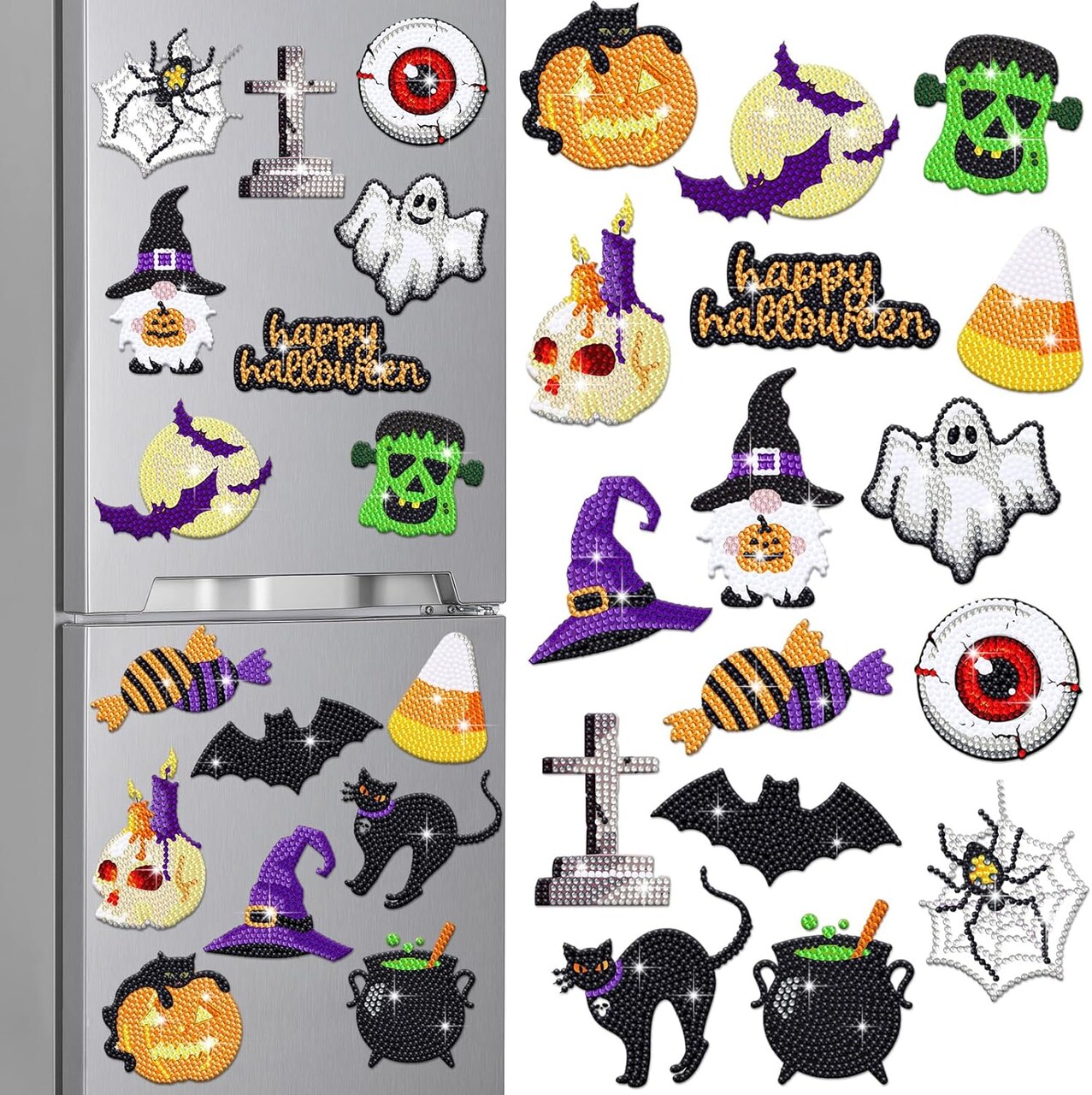 16 Pcs Halloween Diamond Art Magnets – DIY Gnome, Ghost, Bat & Cat Diamond Painting Kits for Adults, Halloween Gems Crafts for Home Décor & Gifts